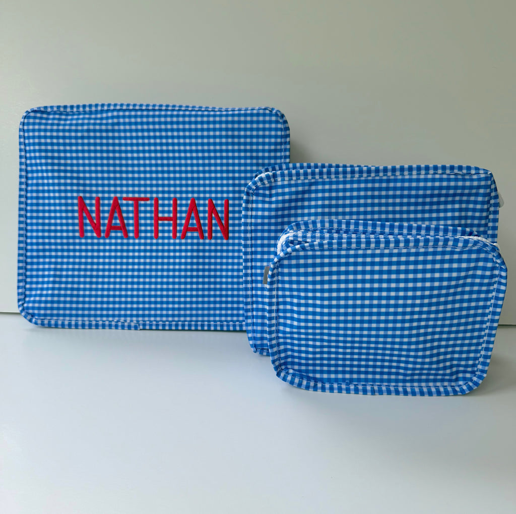 Stacked Pouches - Electric Blue Gingham