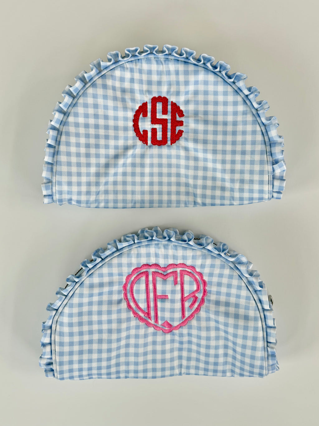 Gingham Blue & White Ruffled Pounch